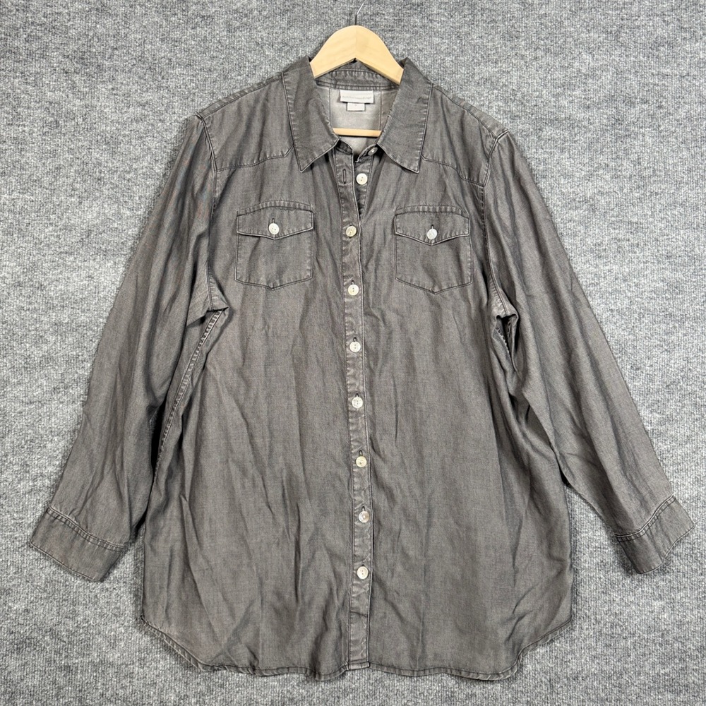 Soft Surroundings Plus Size 1X‎ Shirt Gray Chambray Tencel Button Up Lightweight